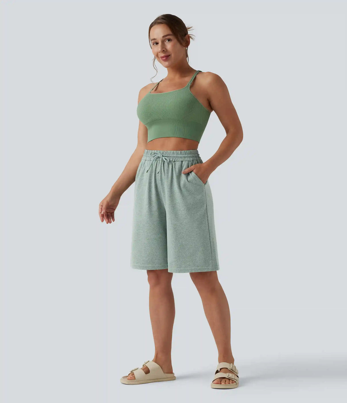 High Waisted Drawstring Casual Bermuda Shorts 9.5'' with Pockets