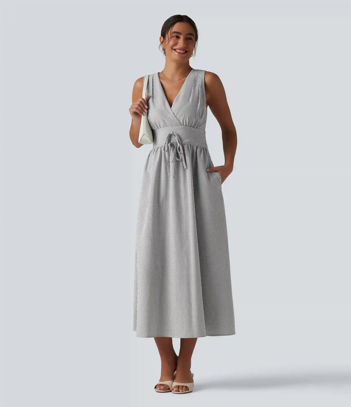 V Neck Sleeveless Stripe Midi Dress with Pockets