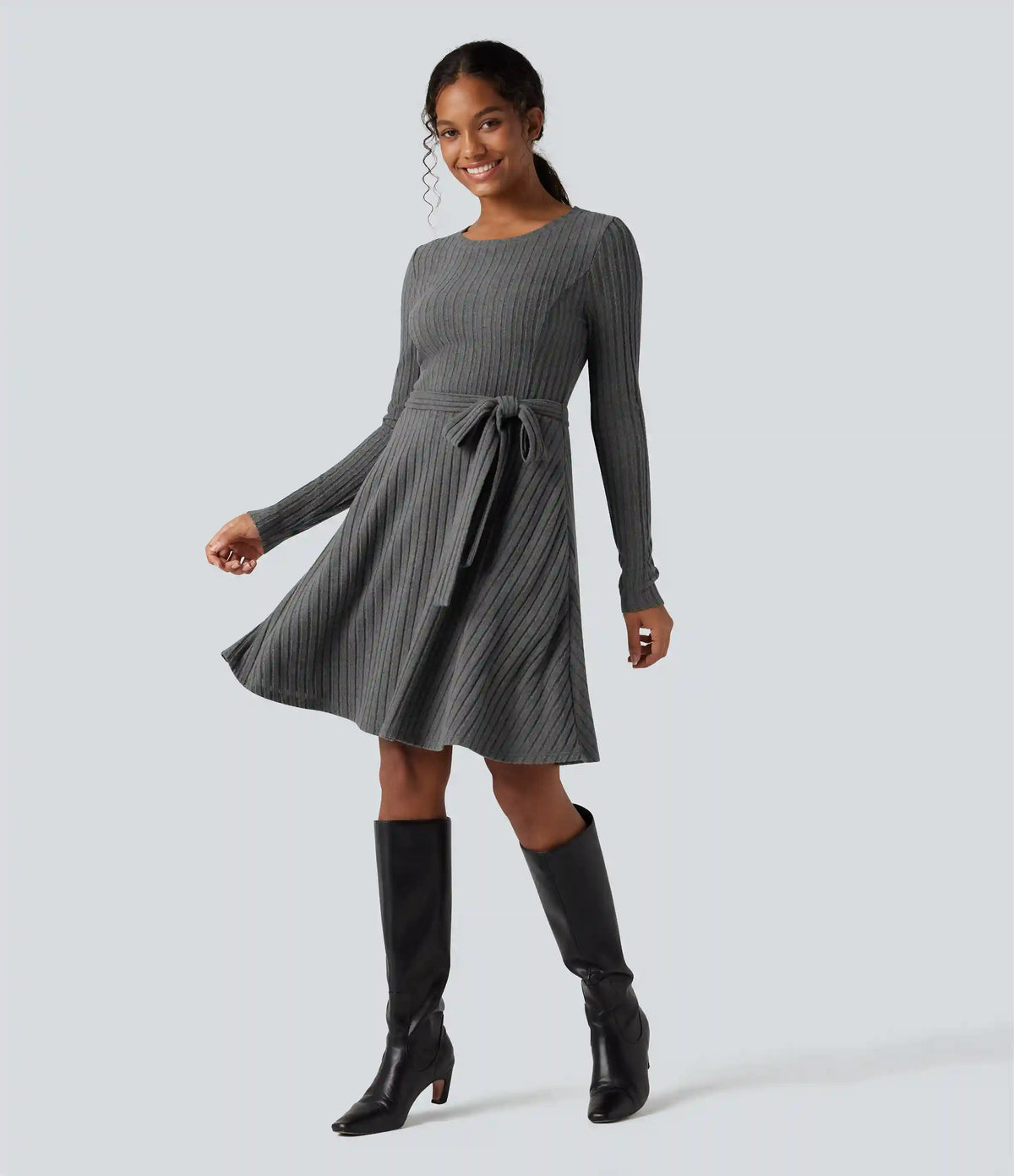 Ribbed Knit Round Neck Long Sleeve Belted Casual Dress with Pockets