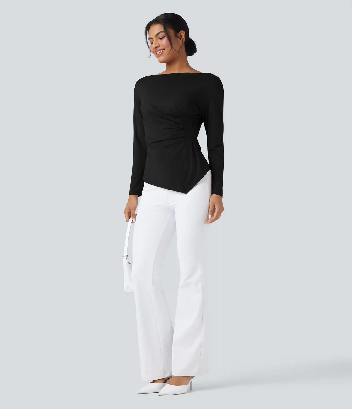 Boat Neck Long Sleeve Ruched Asymmetrical Hem Slim Work Blouse