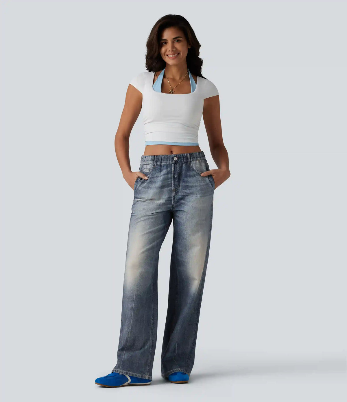 Mid Rise Denim Print French Terry Casual Sweatpants Jeans with Pockets