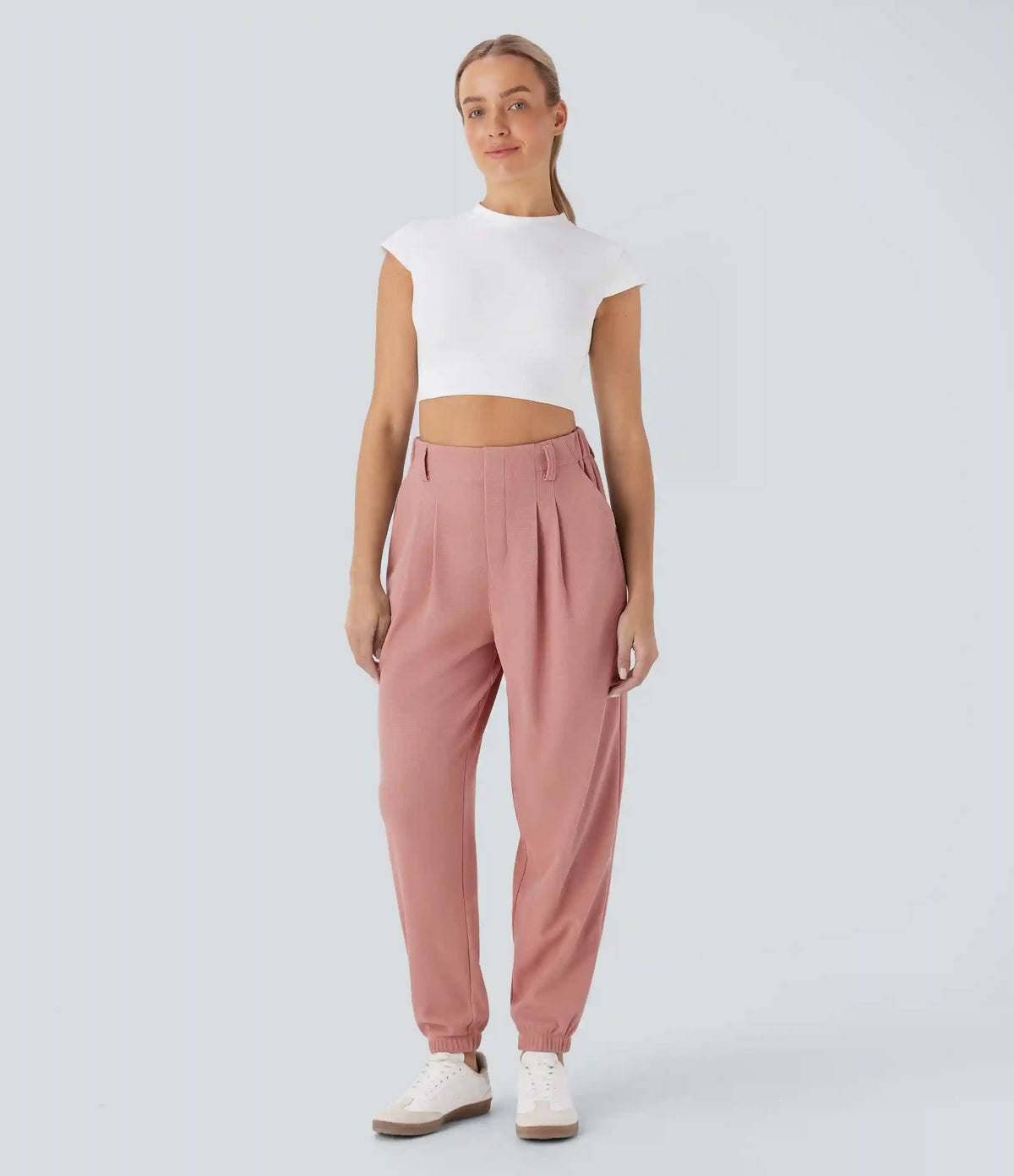 High Waisted Tapered Waffle Casual Joggers with Pocket