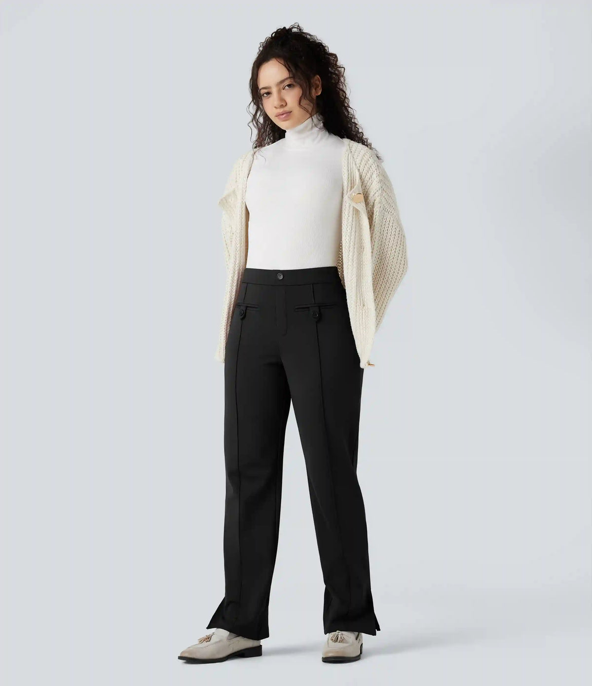 SoftlyZero™ Plush Thermal Mid Rise Split Hem Straight Leg Work Pants with Pockets