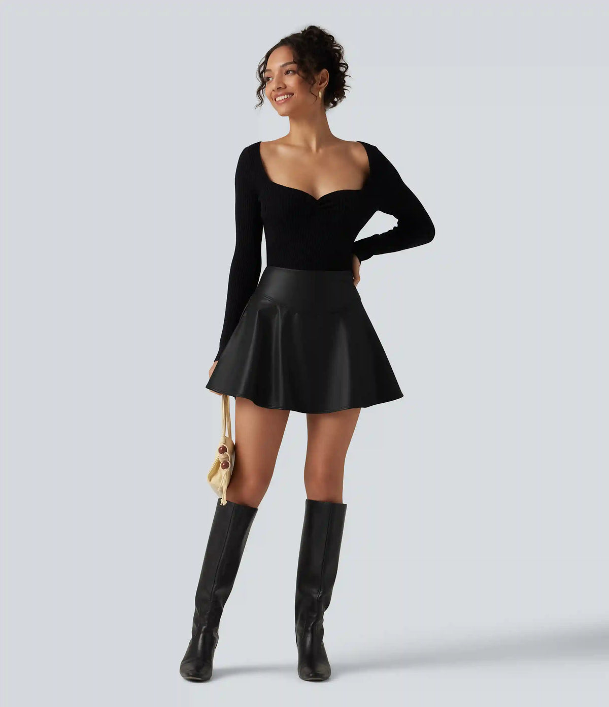 High Waisted Tummy Control Fleece Casual PU Leather Mini Skirt with Built-in Shorts and Pockets
