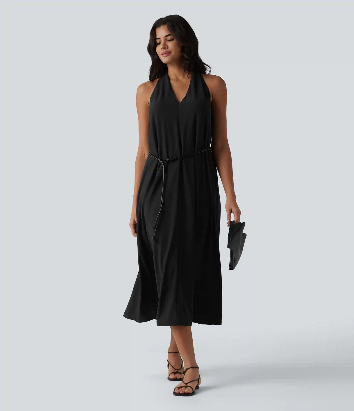 V Neck Midi Casual Dress with Pockets
