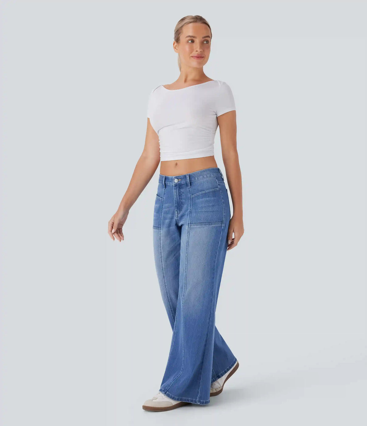 Halara Flex™ Low Rise Zipper Pockets Baggy Wide Leg Flare Washed Casual Jeans