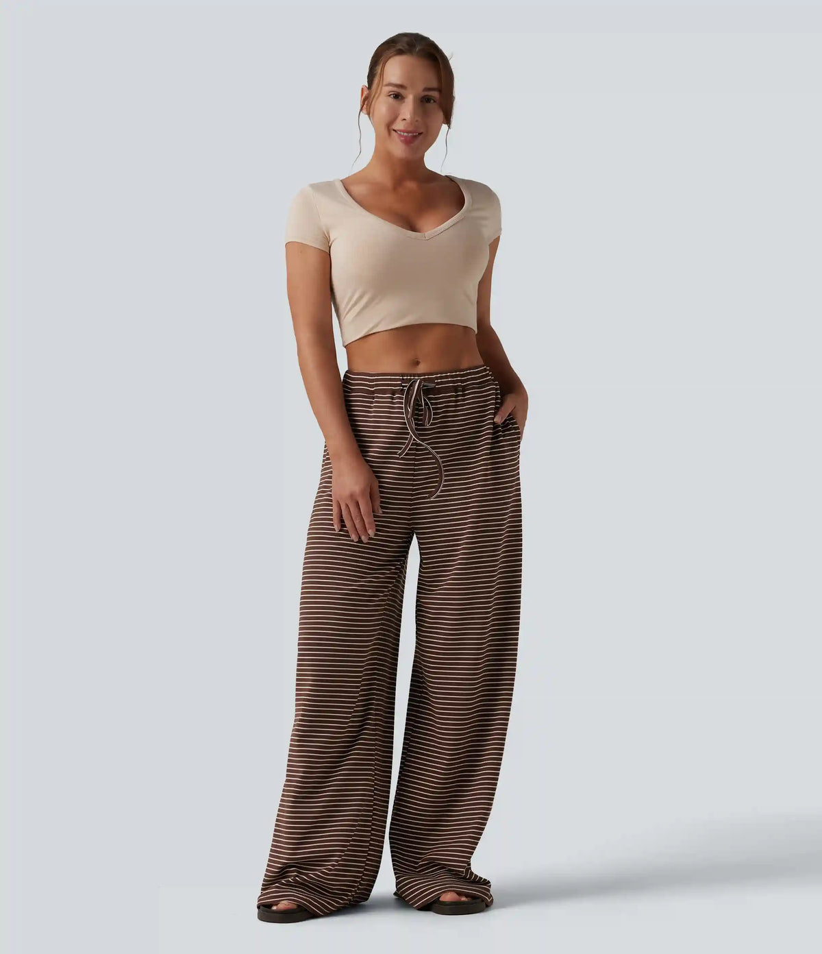 High Waisted Drawstring Stripes Casual Baggy Pants with Pockets