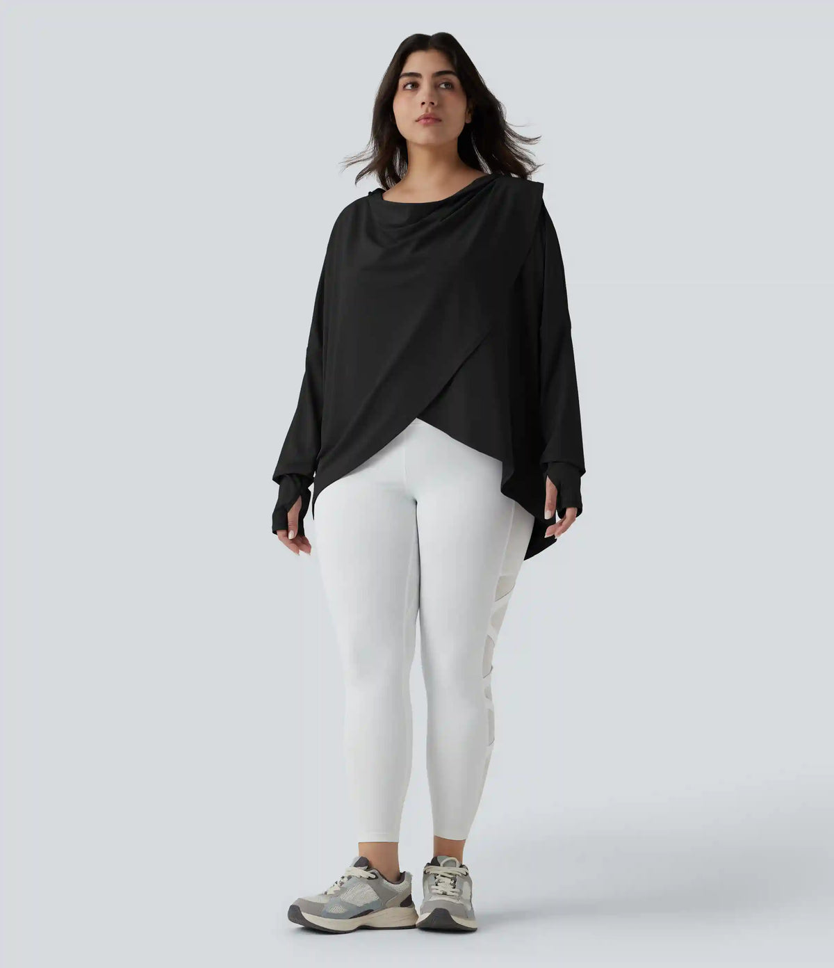 Plus Size Hooded Cowl Neck Long Sleeve Thumb Hole Yoga Sports Top with Pockets