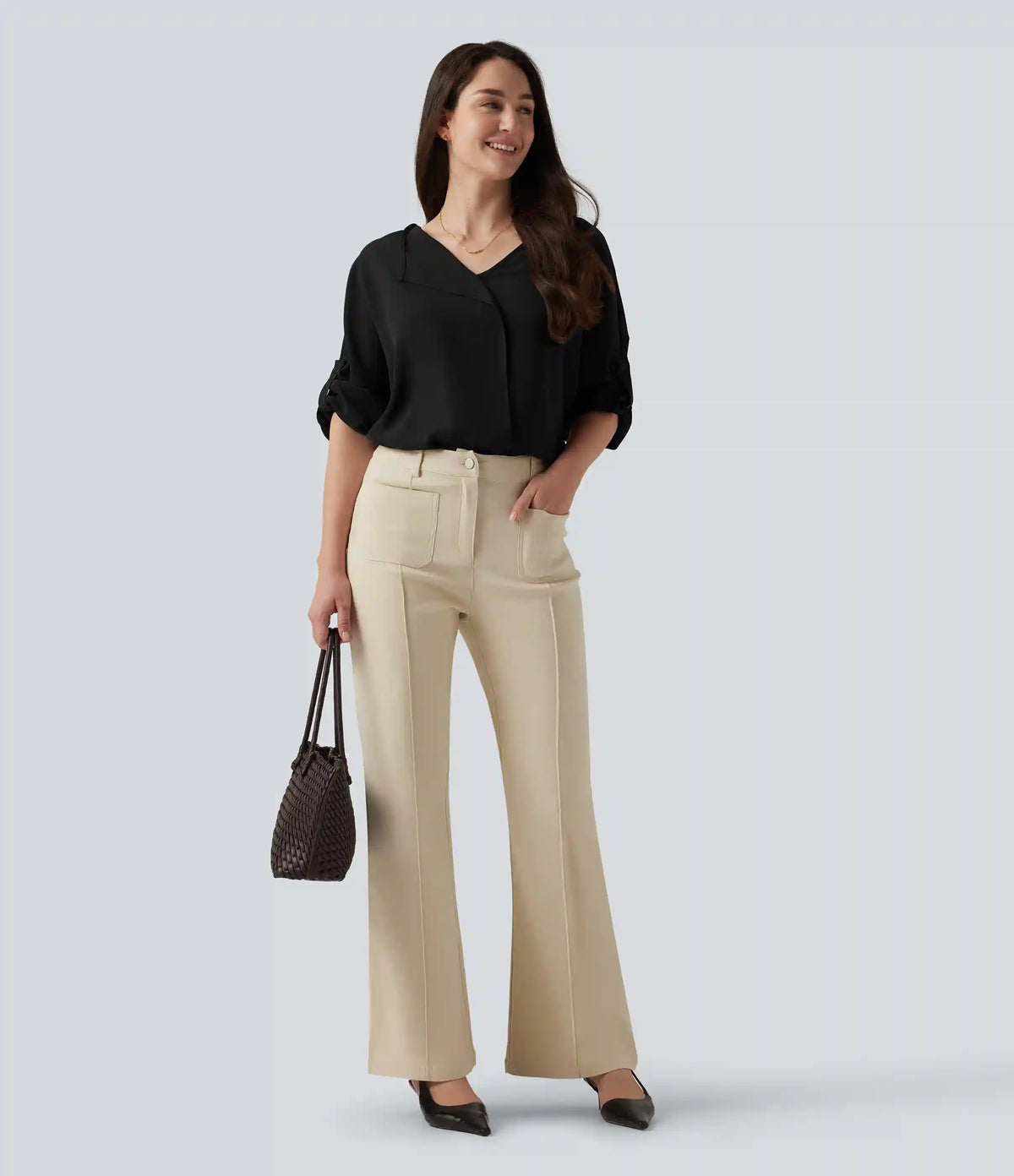 V Neck Long Sleeve Asymmetric Relaxed Work Blouse