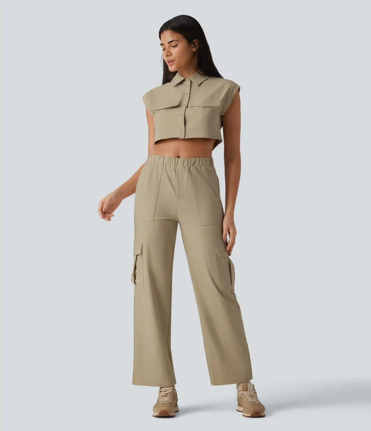 Cap Sleeve Stretchy Poplin Cropped Casual Cargo Shirt