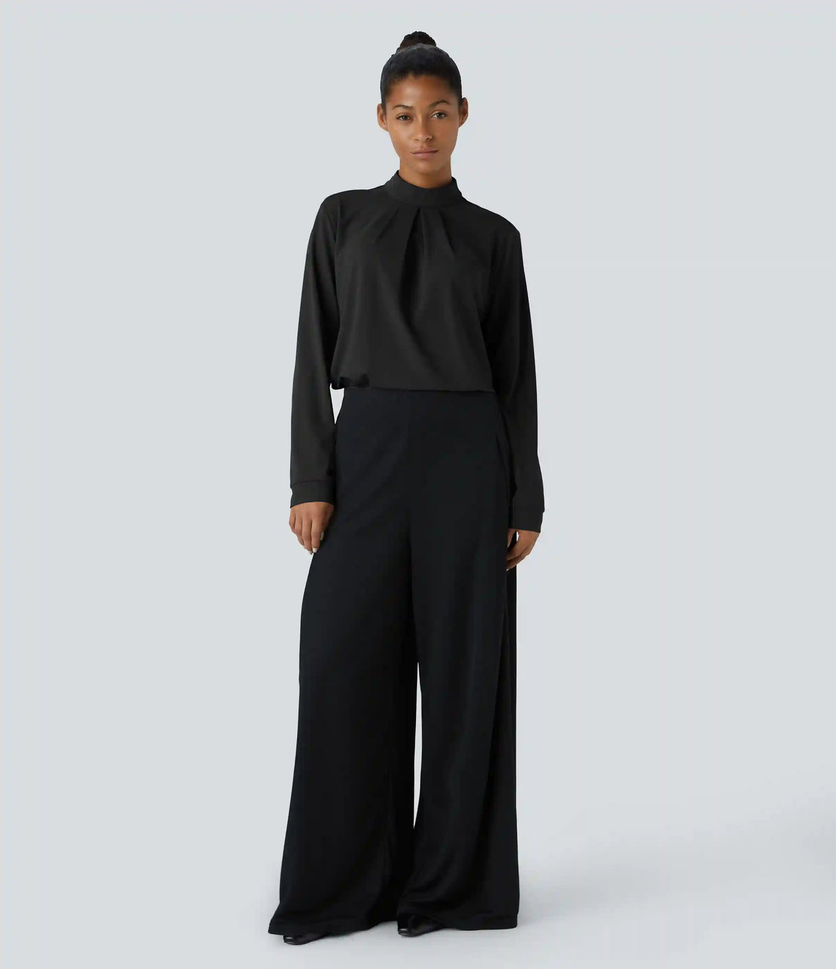 Stand Collar Back Long Sleeve Work Blouse