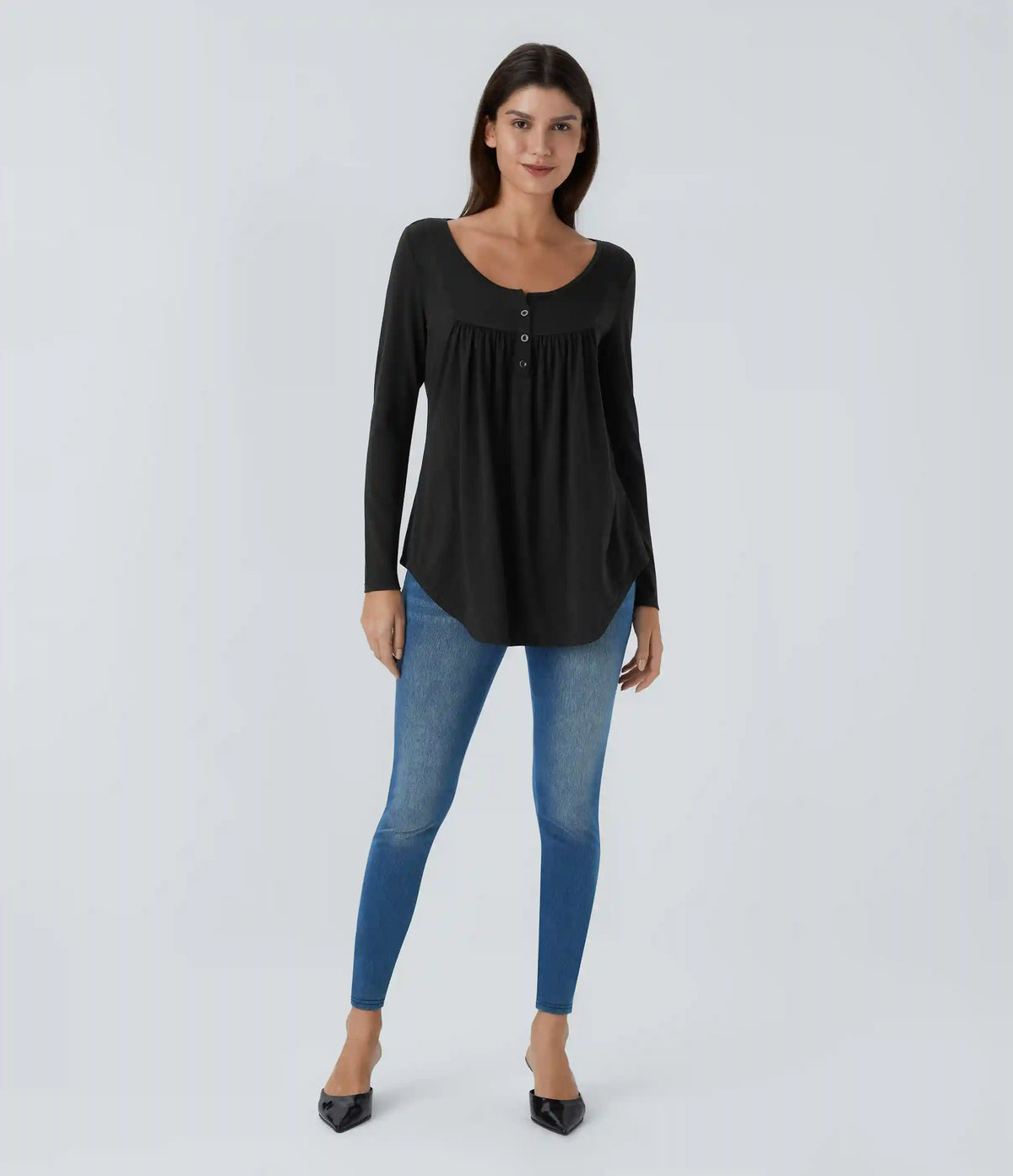 Round Neck Long Sleeve Curved Hem Casual Top