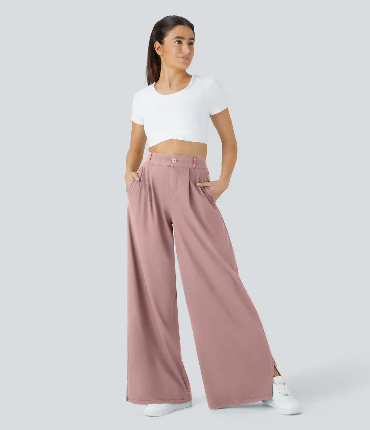 High Waisted Zipper Pocket Hem Wide Leg Casual Pants