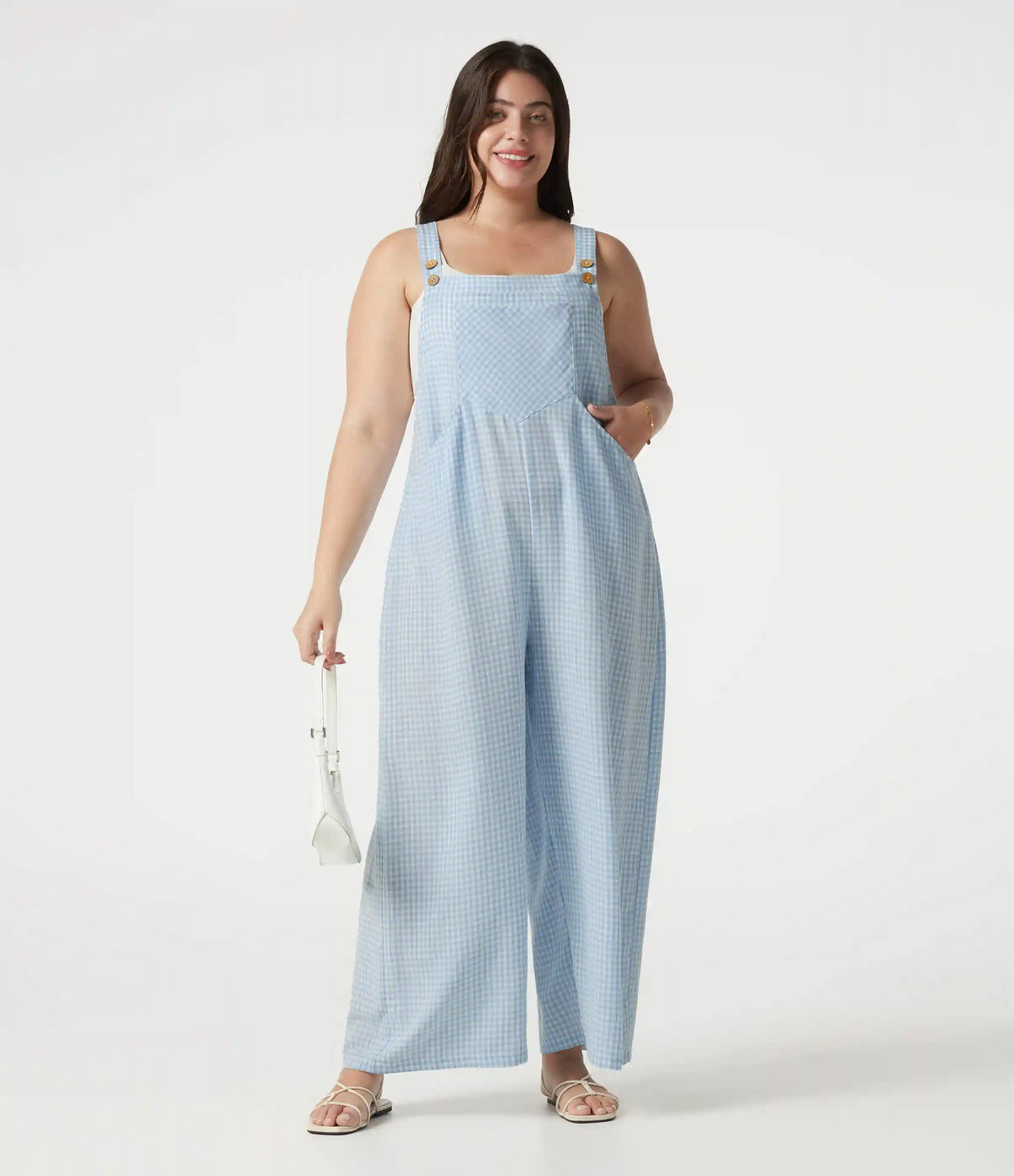 Plus Size Plaid Casual Linen-Feel Overalls with Pockets
