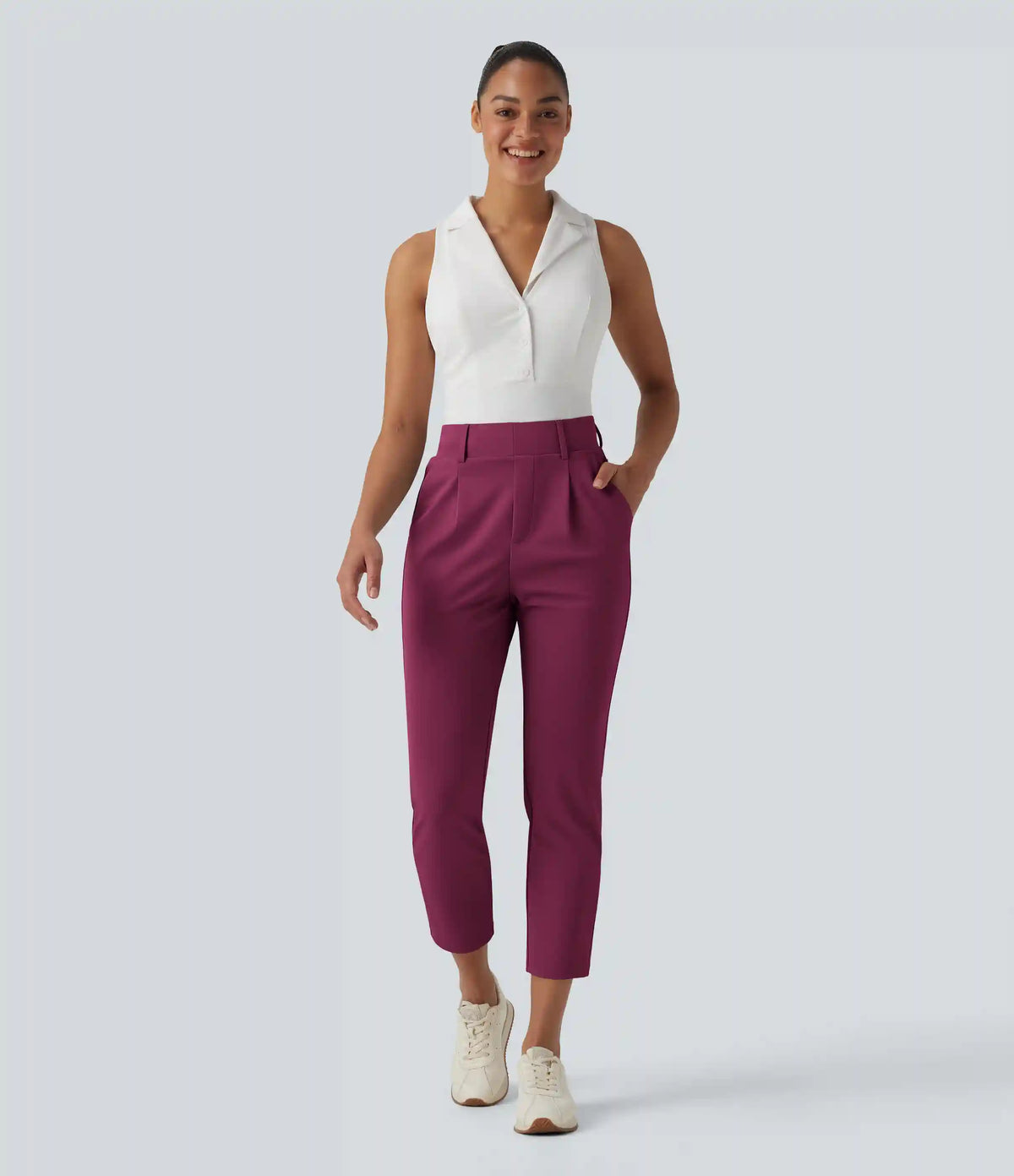 High Waisted Tapered Crepe Golf Pants with Pockets