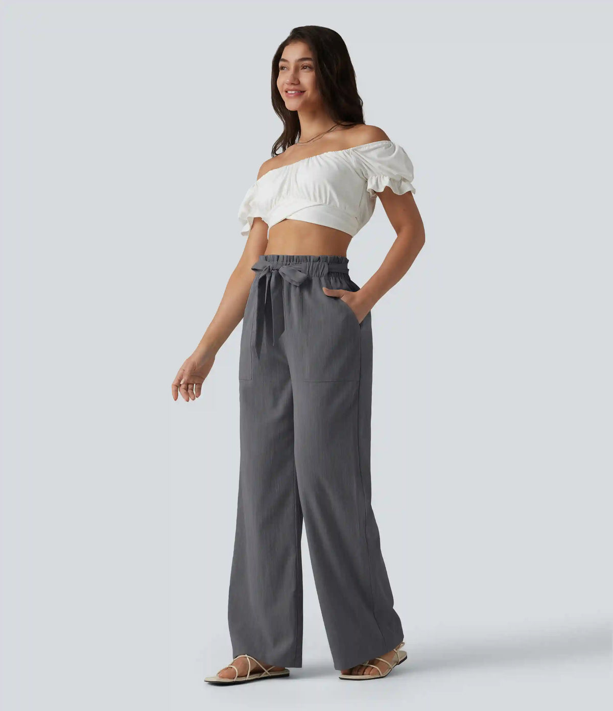 High Waisted Lettuce Trim Belted Straight Leg Casual Linen-Feel Pants with Pockets