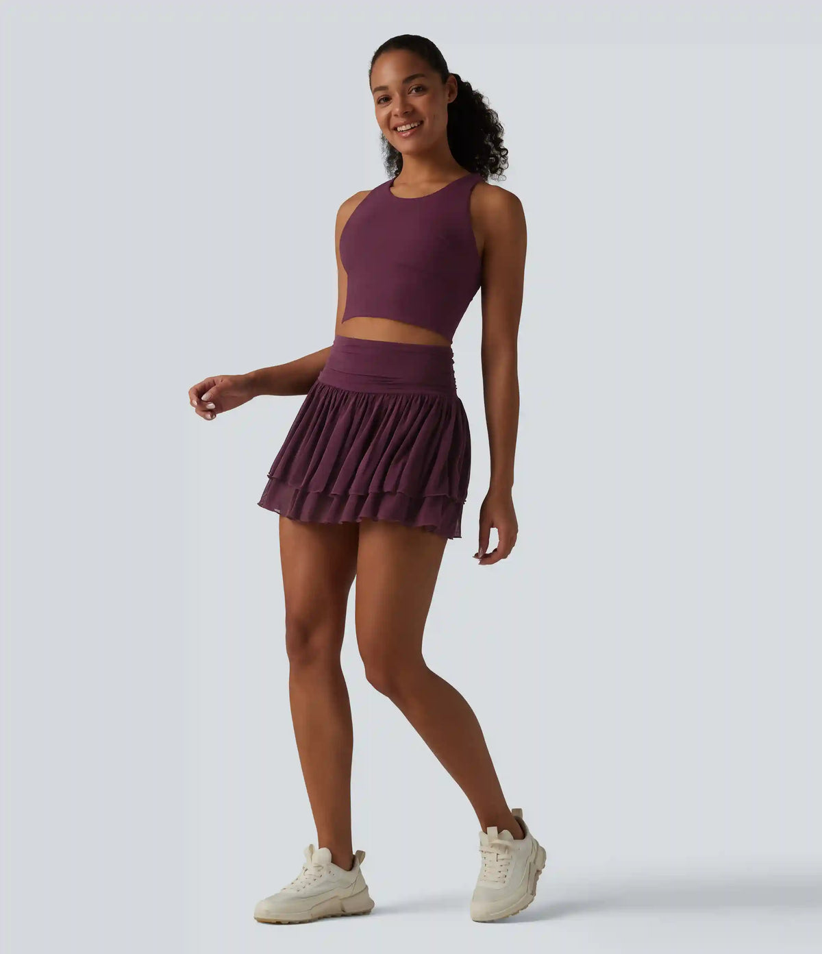 High Waisted Ruched Breathable Mesh 2-in-1 Mini Tennis Tiered Skirt with Pockets