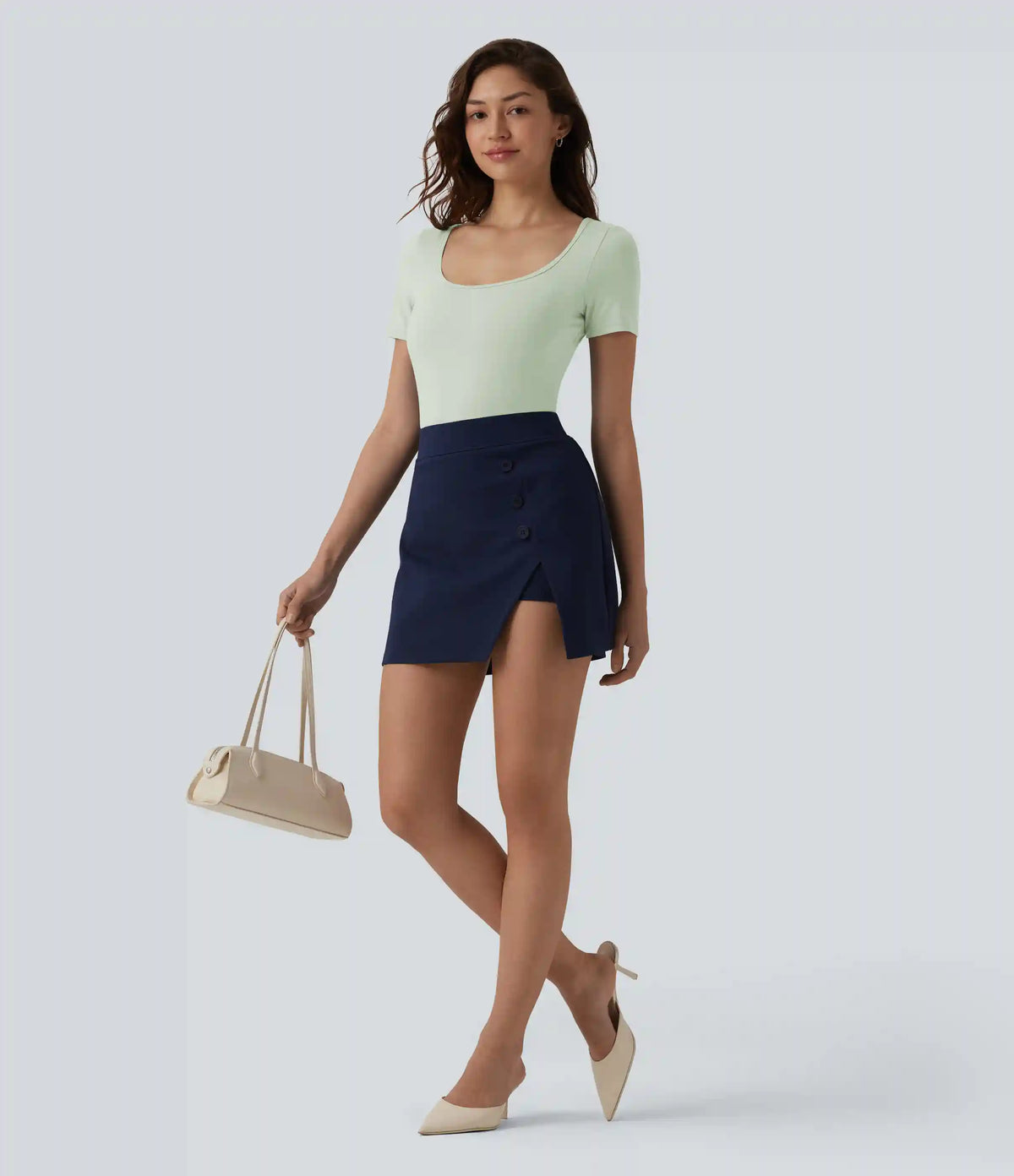 U Neck Short Sleeve Snap Skinny Work Bodysuit