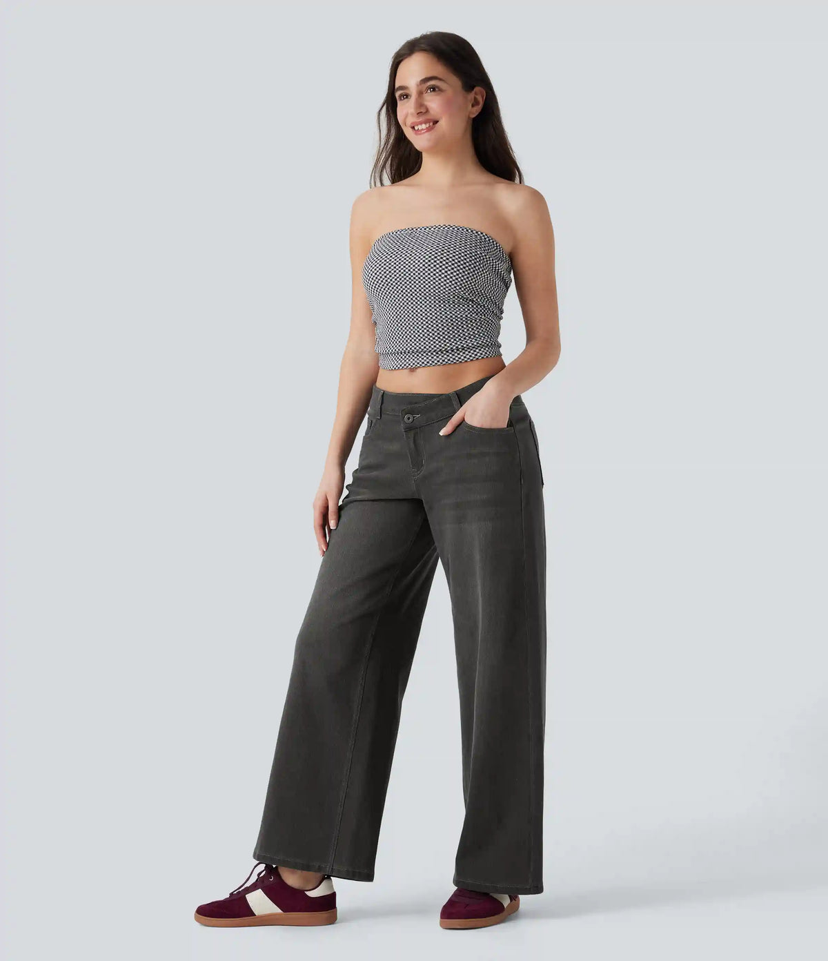 Halara Flex™ Asymmetric Low Rise Zipper Pockets Baggy Wide Leg Washed Casual Jeans