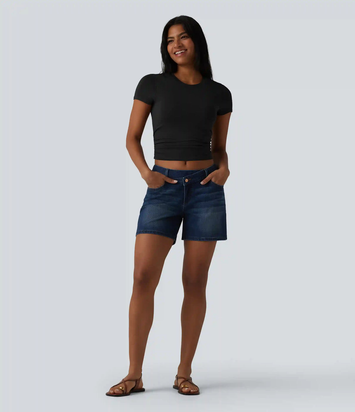 Halara Cotton Jersey Round Neck Short Sleeve Ruched Built-in Bra Casual T-Shirt