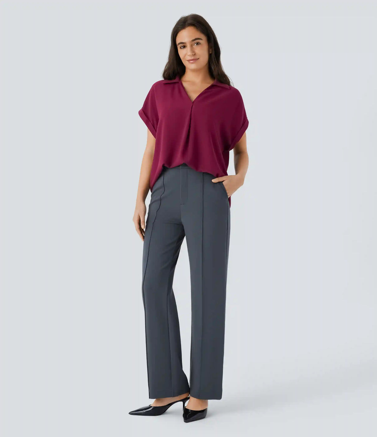 V Neck Short Sleeve Curved Hem Work Shirt