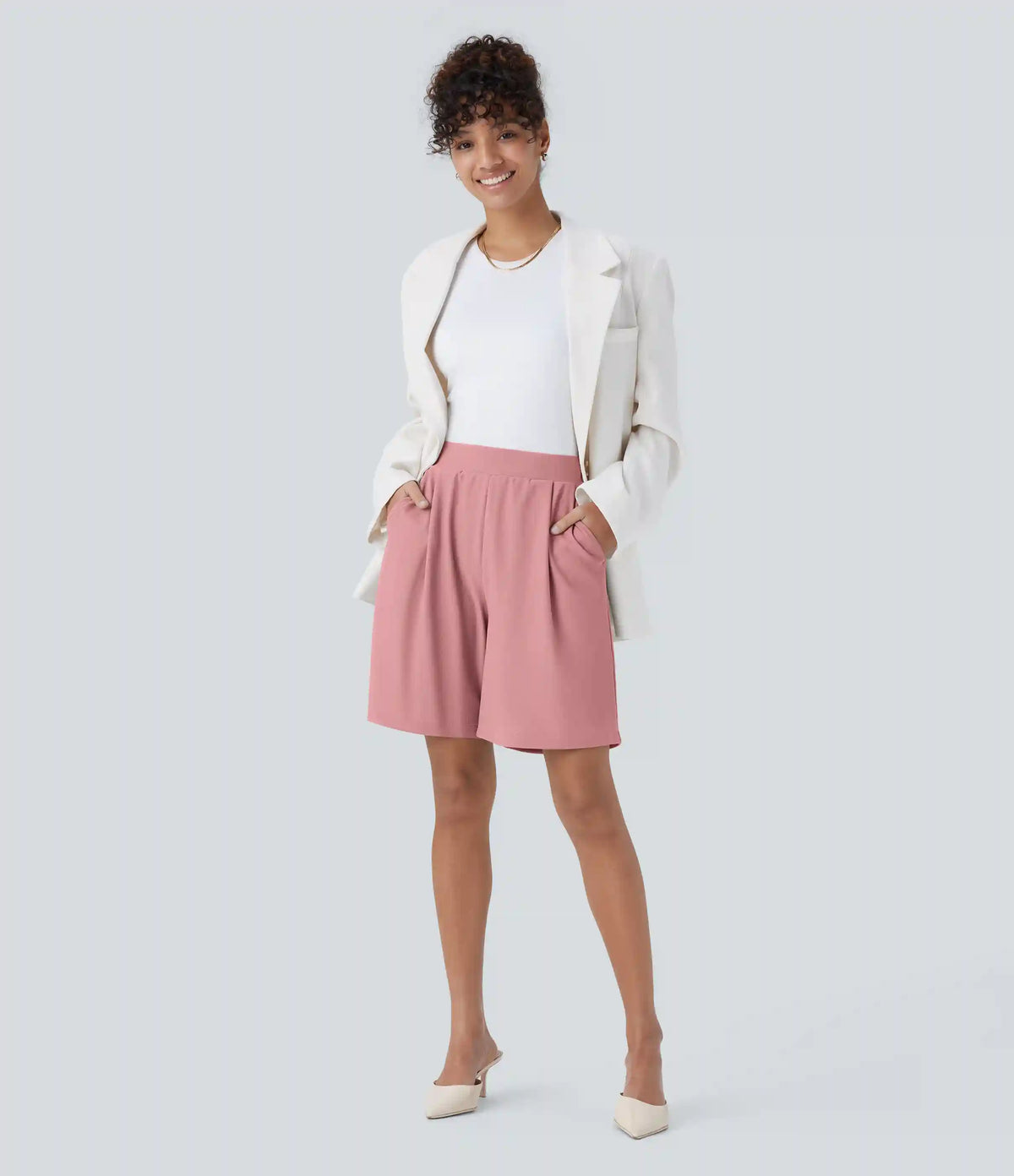 High Waisted Body Sculpt Waist-Slimming Pocket Micro Waffle Work Bermuda Shorts