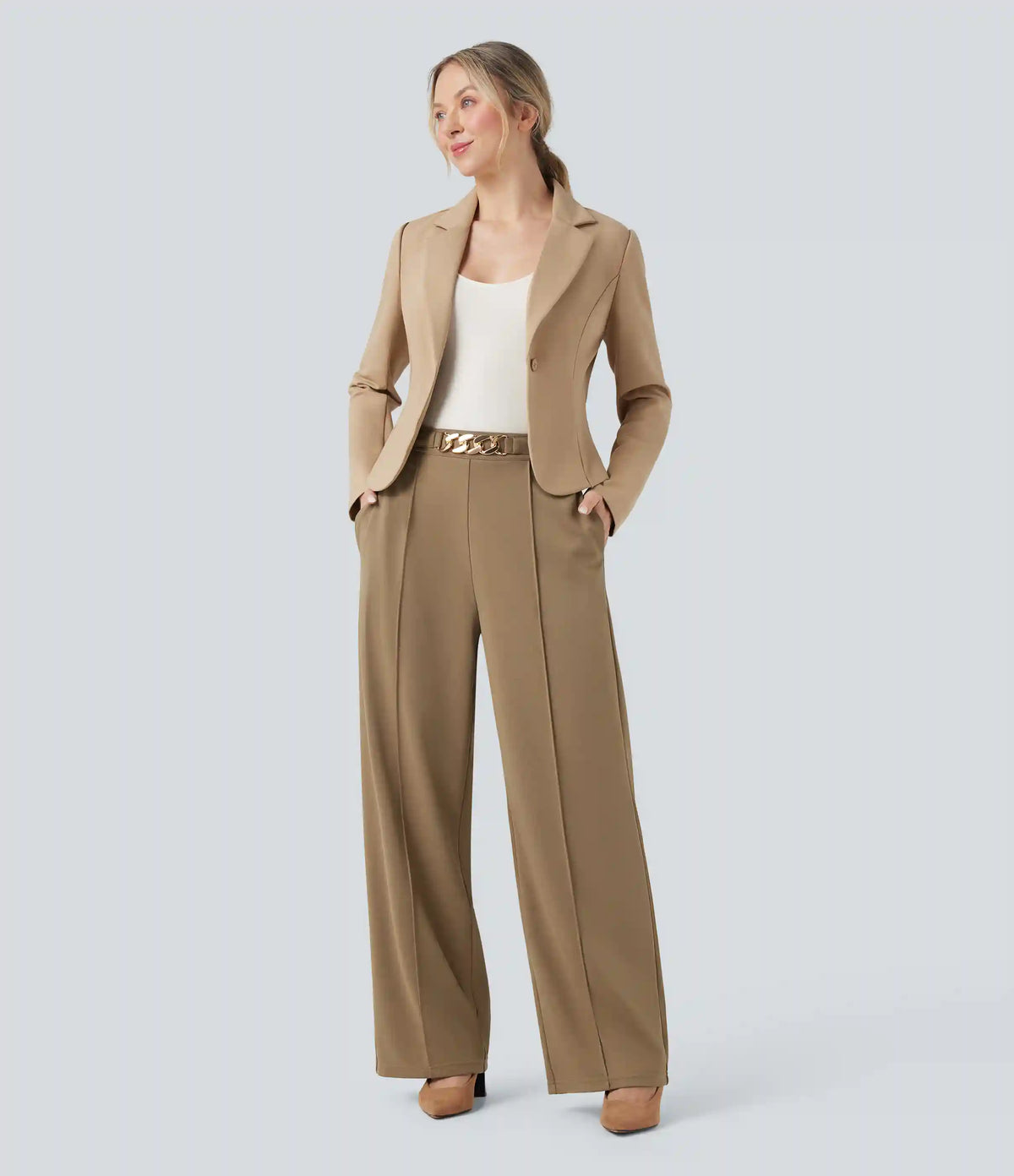 High Waisted Metal Chain Straight Leg Work Pants with Pockets
