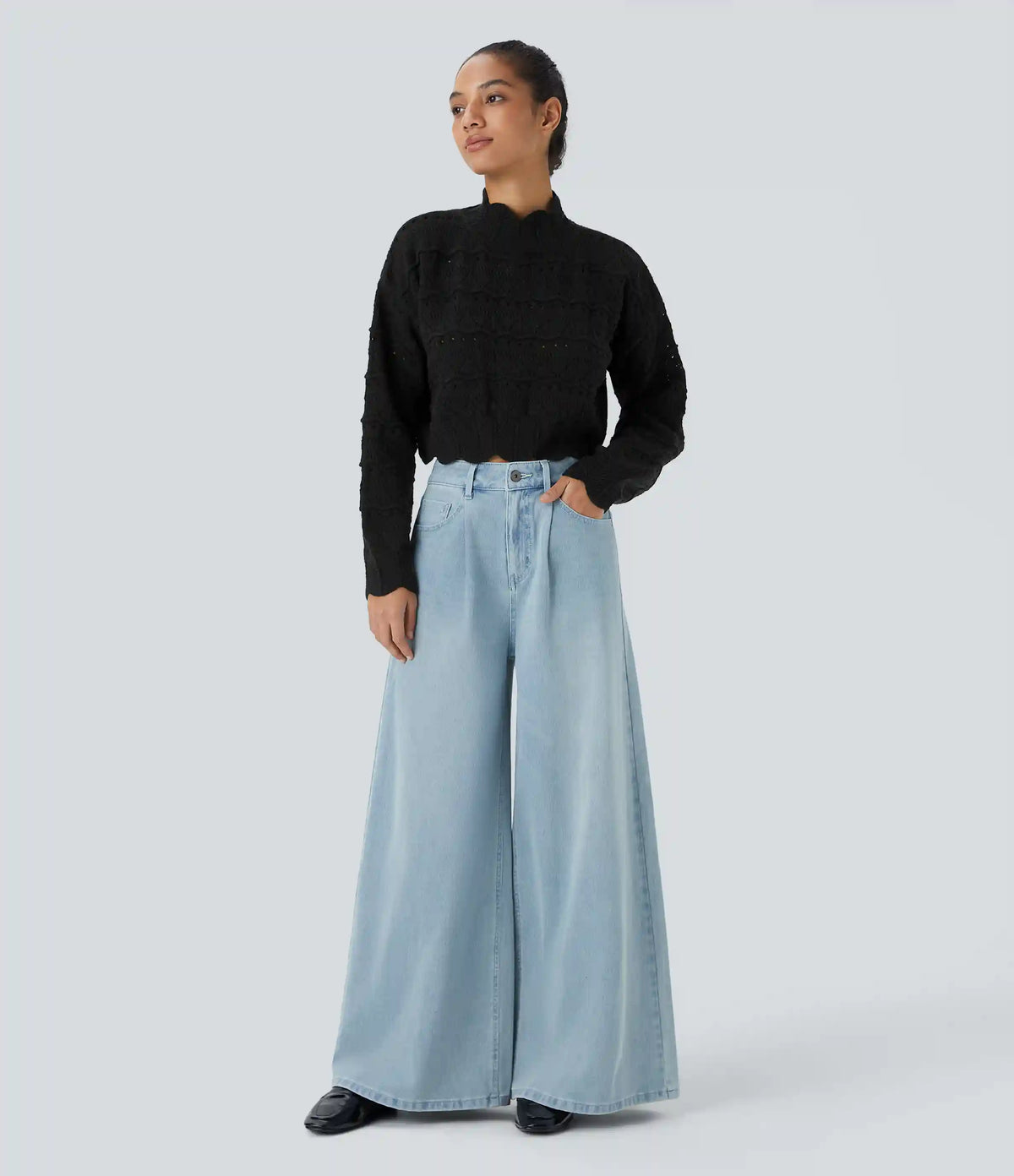 Mock Neck Bishop Sleeve Scallop Hem Open Knit Casual Sweater