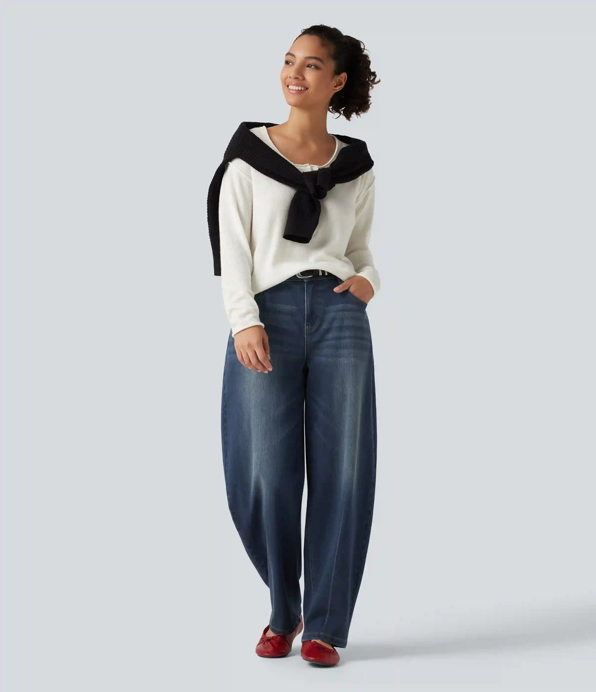 Halara Flex™ Mid Rise Barrel Leg Washed Casual Jeans with Pockets