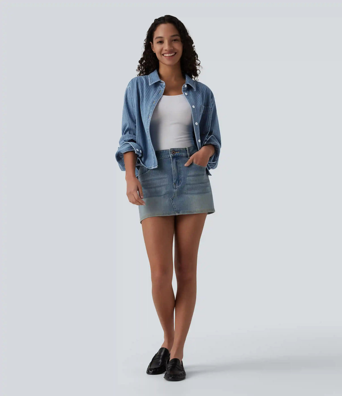 Halara Flex™ Long Sleeve Stripe Denim Casual Shirt with Pocket