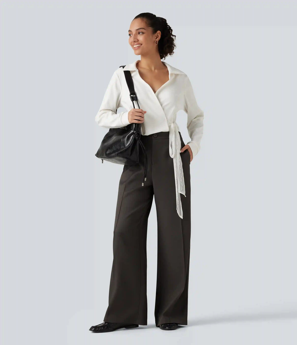 Mid Rise Wide Leg Work Pants with Pockets