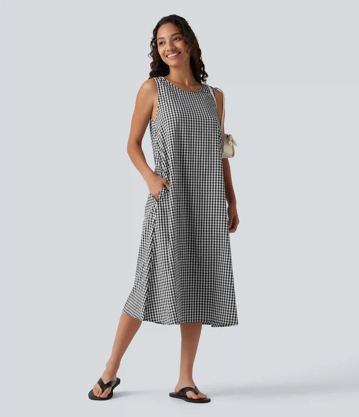Round Neck Sleeveless Midi Crinkle Gingham Casual Tank Dress with Pockets