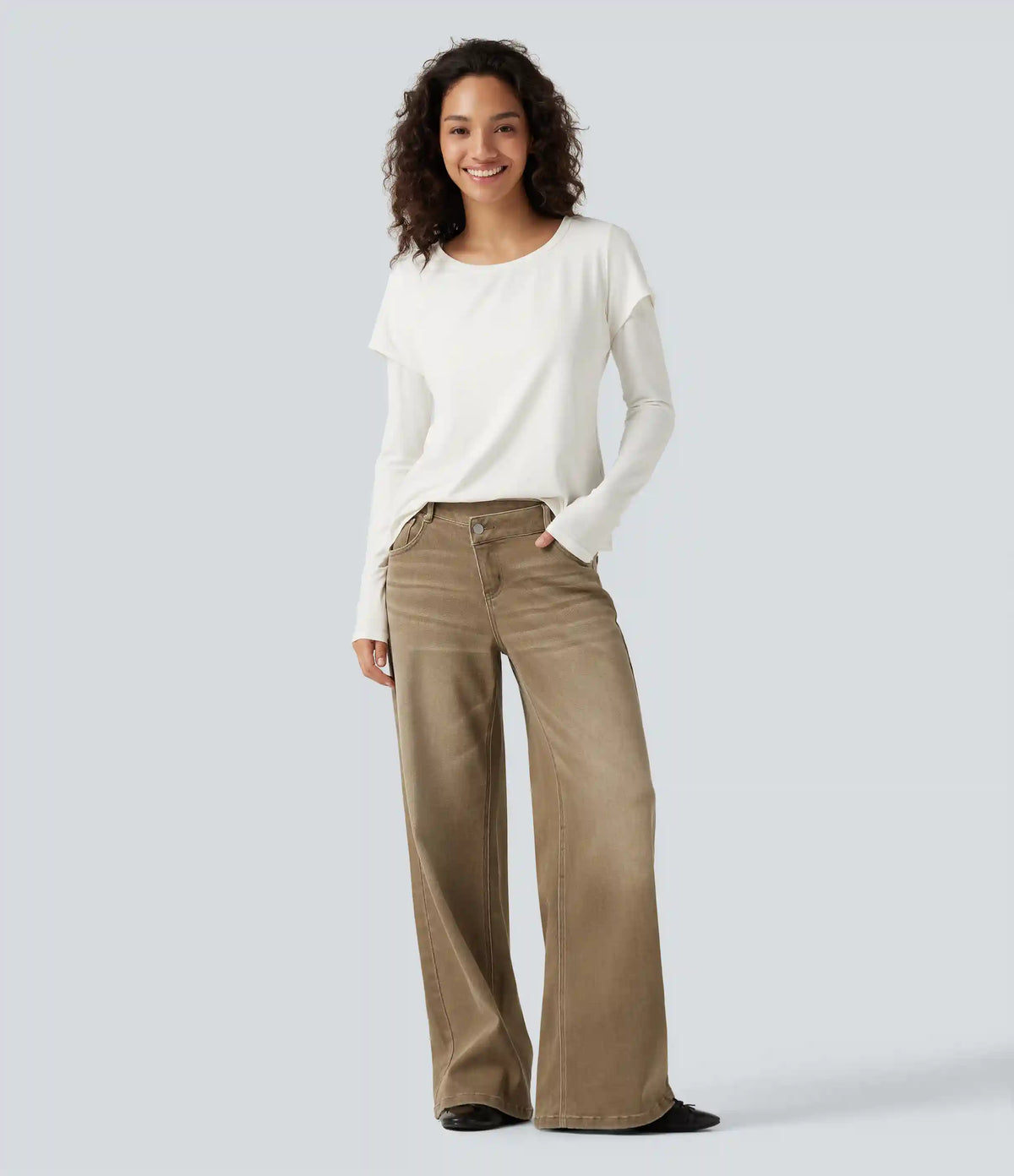 Low Rise Asymmetric Wide Leg Colorful Casual Jeans with Pockets