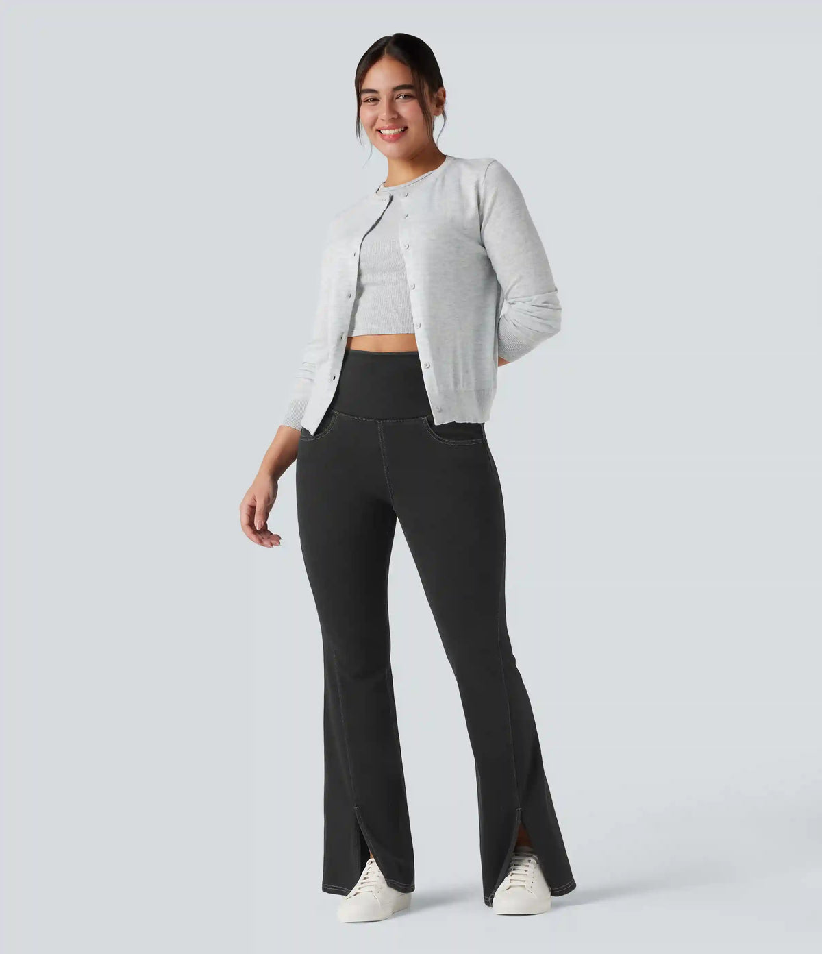 Halara Flex™ High Waisted Crossover Back Split Denim Casual Flare Leggings with Pockets