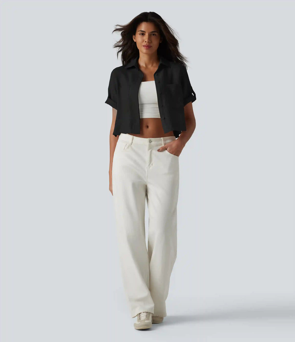 Roll Up Short Sleeve Cropped Casual Linen-Blend Shirt with Pockets