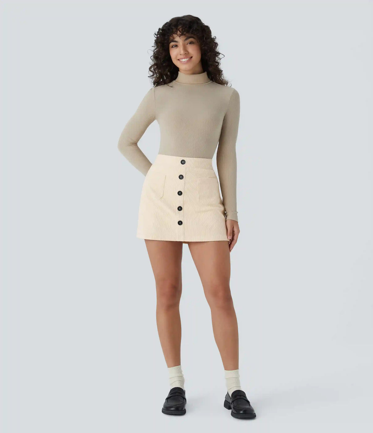 High Waisted Pocket Zipper 2-in-1 Corduroy Mini Casual Skirt