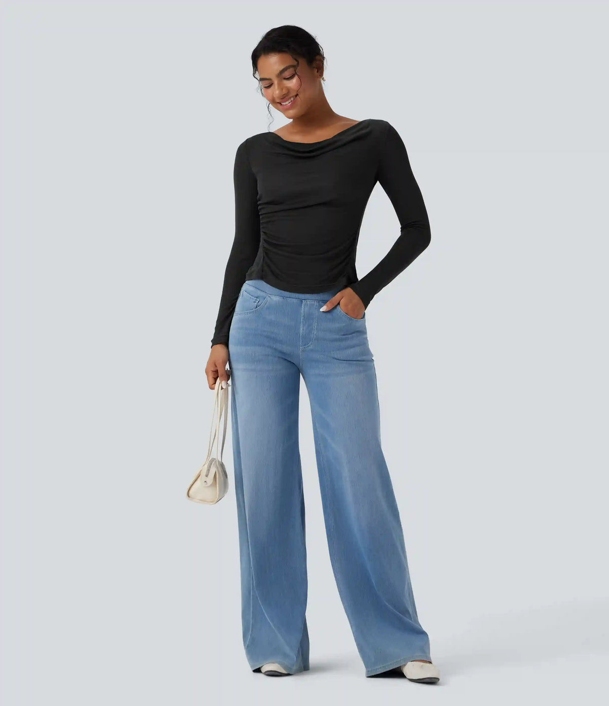 Cowl Neck Long Sleeve Ruched Casual Wool-Blend Top