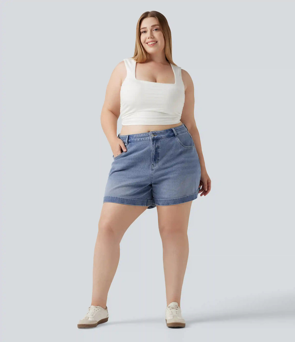 Plus Size Halara Flex™ Mid Rise Rolled Hem Denim Casual Shorts 5'' with Pockets