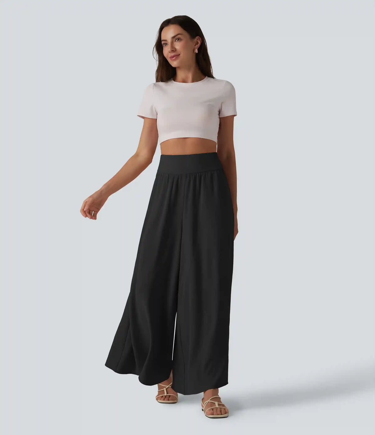 High Waisted Shirred Linen-Feel Casual Flowy Pants with Pockets
