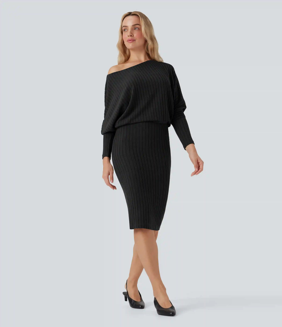 Ribbed Knit Off-shoulder Batwing Long Sleeve Bodycon Midi Casual Dress