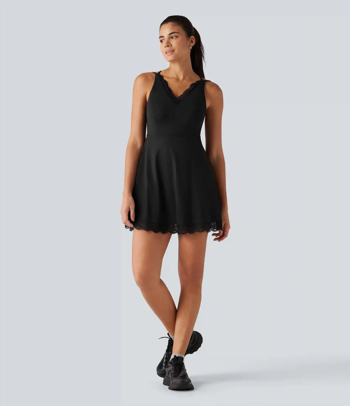 SoftlyZero™ Airy V Neck 2-in-1 Built-in Bra Contrast Lace InstantCool Mini Dance Dress with Pockets-Easy Peezy Edition
