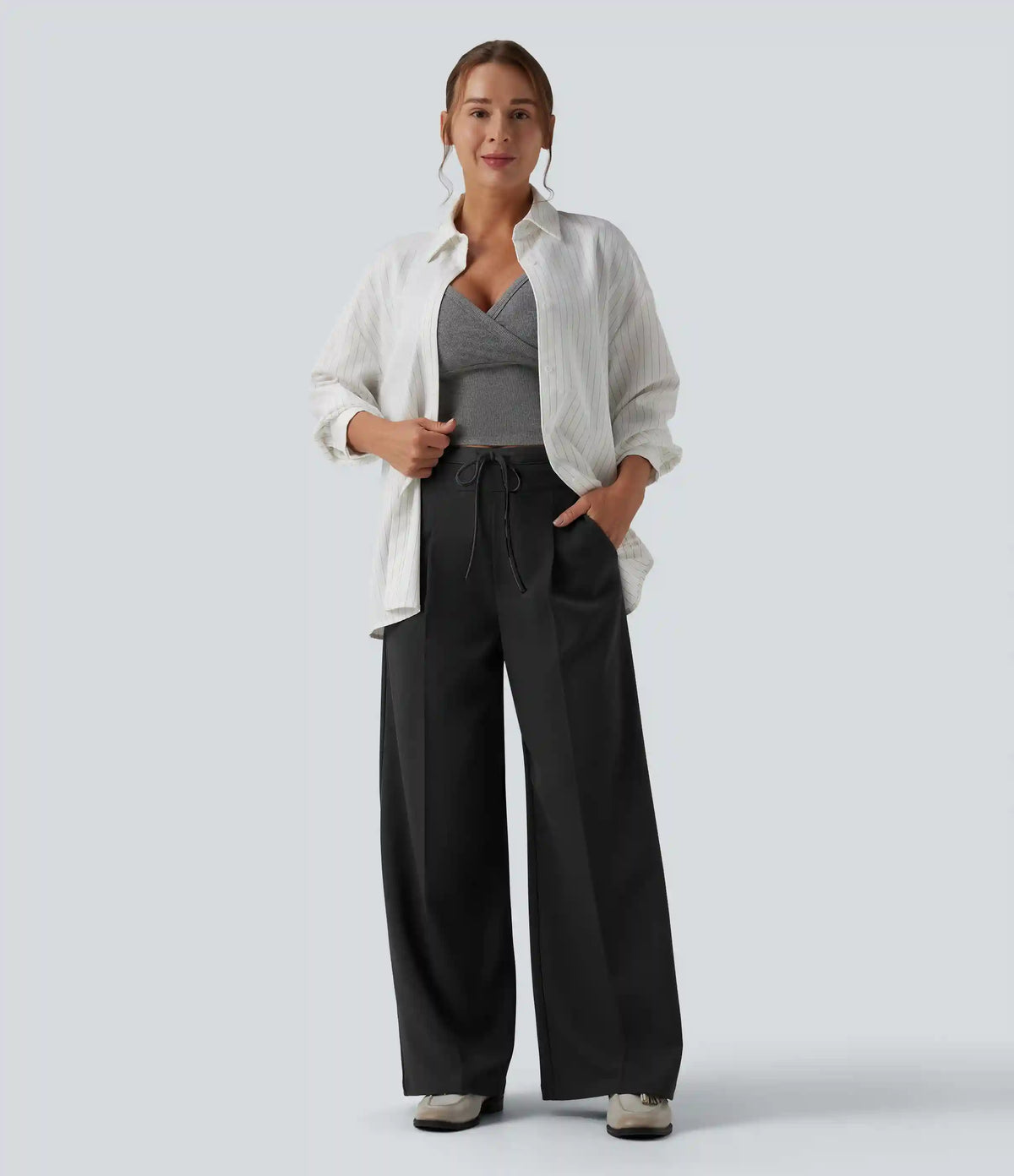 High Waisted Drawstring Wide Leg Work Pants with Pockets