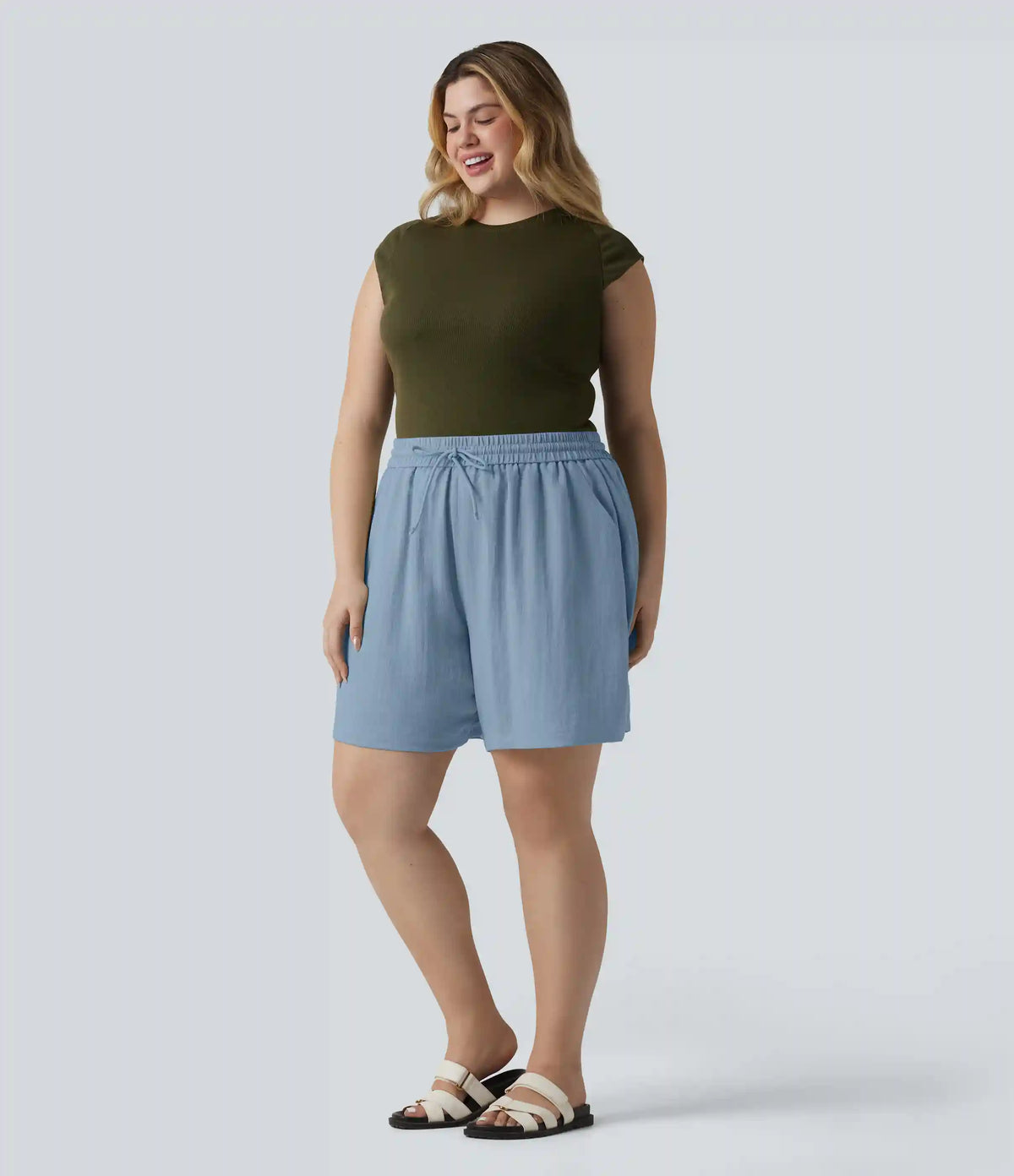 High Waisted Drawstring Casual Linen-Feel Plus Size Shorts with Pockets