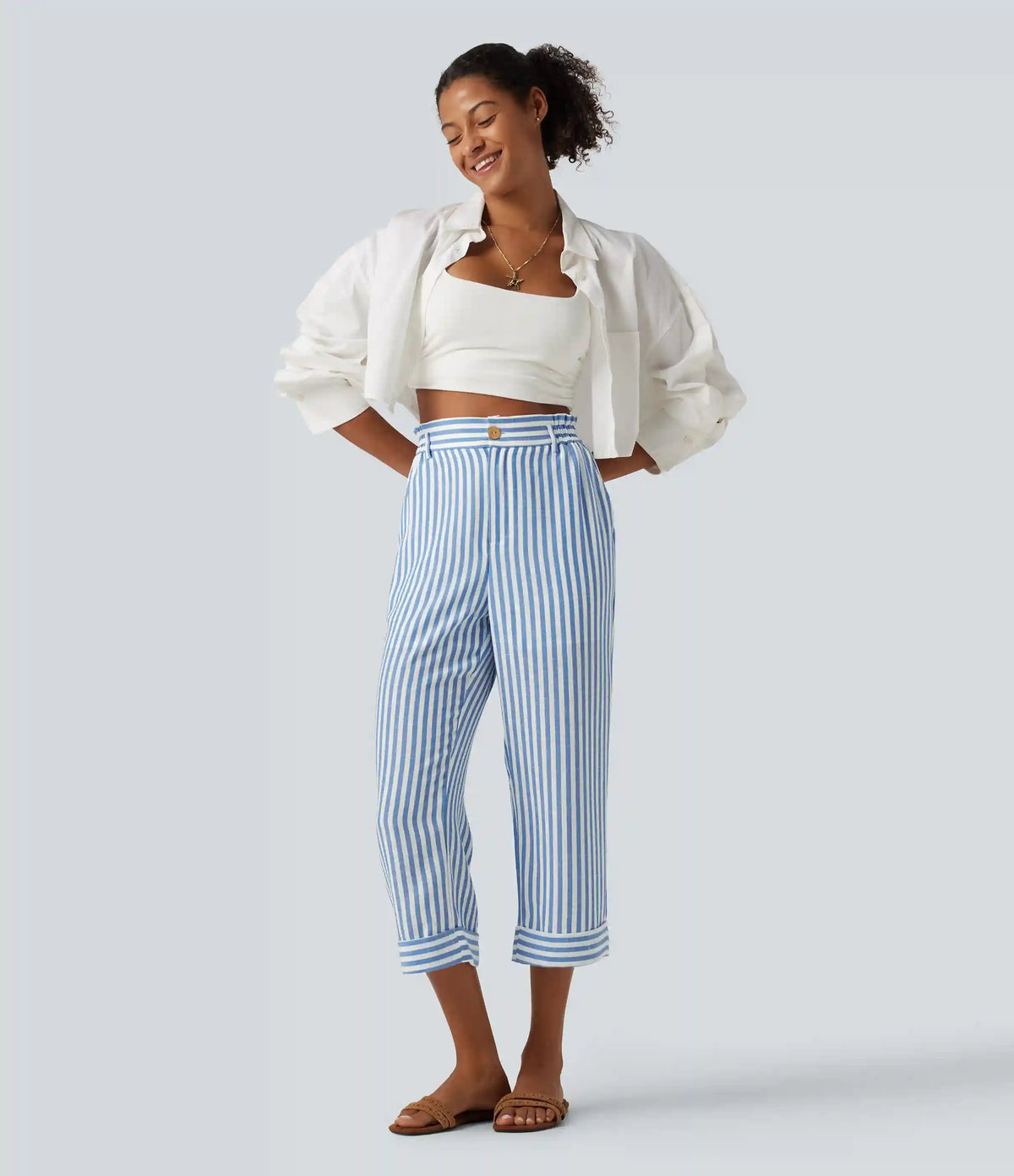 High Waisted 2-in-1 Straight Leg Stripe Cropped Casual Linen-Feel Pants with Pockets