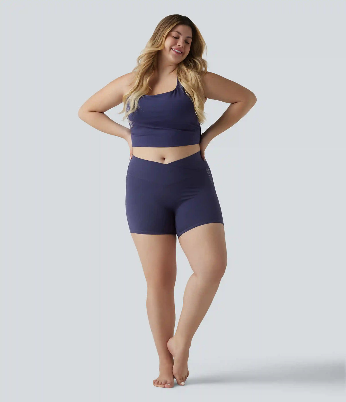 Plus Size SoftlyZero™ High Waisted Crossover Contrast Lace Yoga Biker Shorts 5'' with Pocket