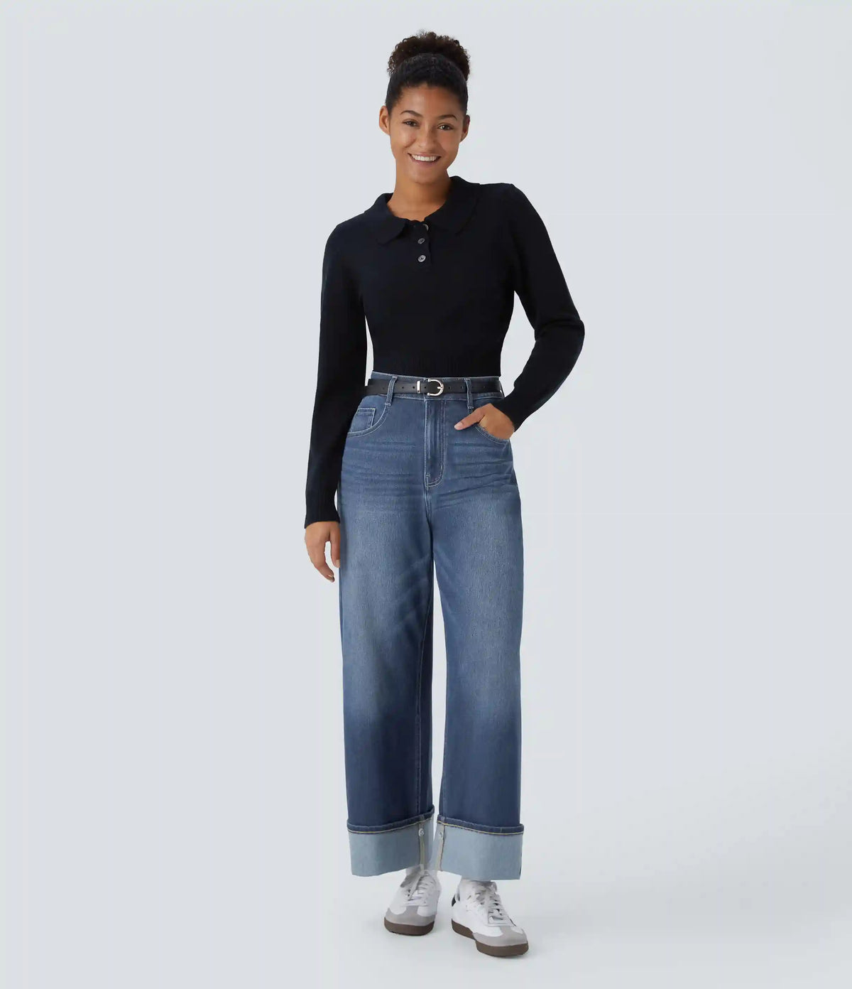 Halara Flex™ High Waisted Pockets Adjustable Hem Wide Leg Washed Casual Jeans