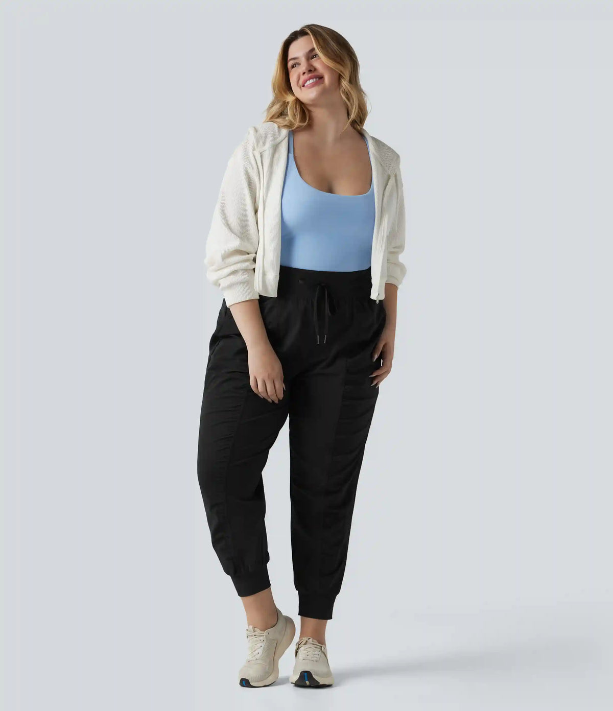 Plus Size High Waisted Drawstring Ruched Tapered Quick Dry InstantCool Dance Joggers with Pockets-UPF40+