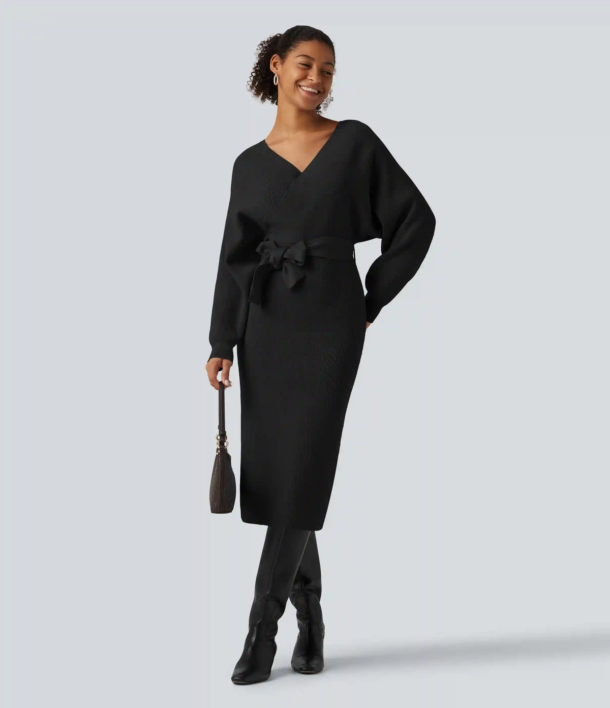 Crossover V Neck Batwing Long Sleeve Belted Midi Casual Sweater Dress