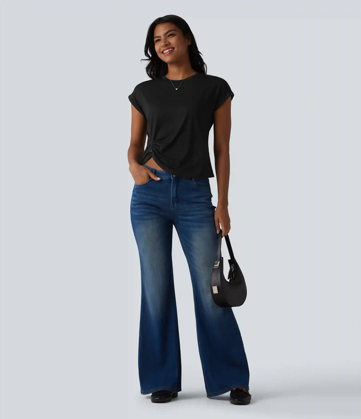 Round Neck Short Sleeve Curved Split Hem Casual T-Shirt