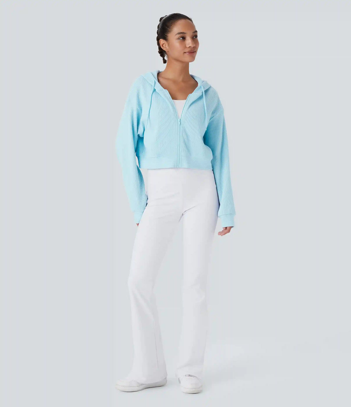 Waffle Hooded Drawstring Zipper Cropped Casual Cotton Sports Sweatshirt